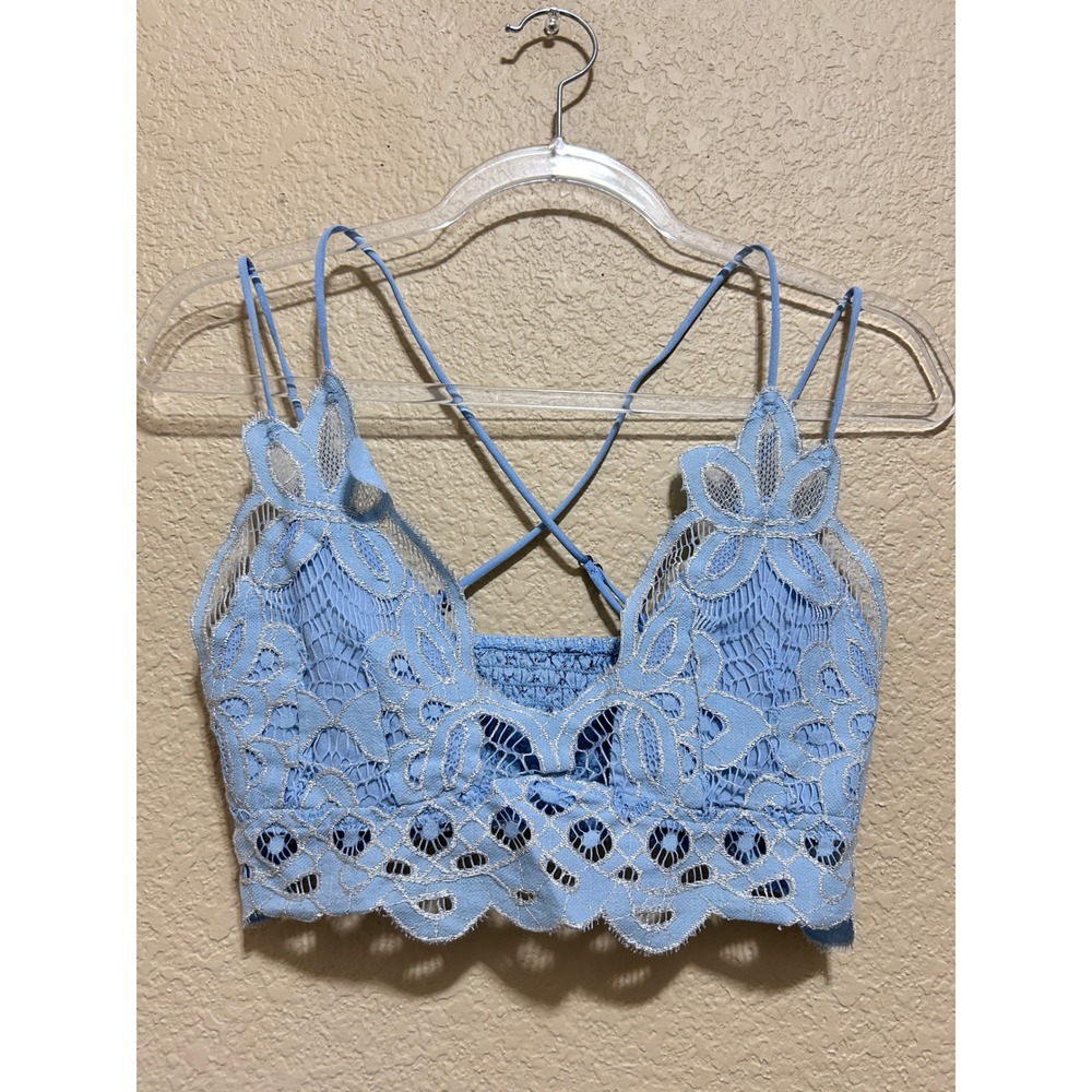 Rue21 Medium Lace Bralette Blue Silver Metallic Boho Festival Crop Top Fairy